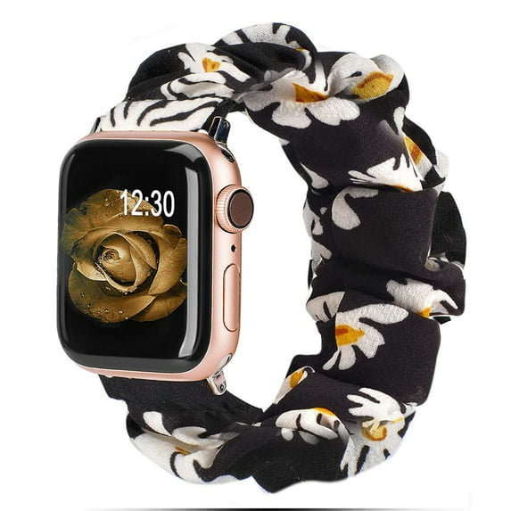 Scrunchie Strap For Apple watch band 40mm 44mm 42mm 38mm 42 mm Elastic Nylon bracelet Solo Loop band iWatch 5 4 3 se 6 7 41 45mm - Black daisy flower