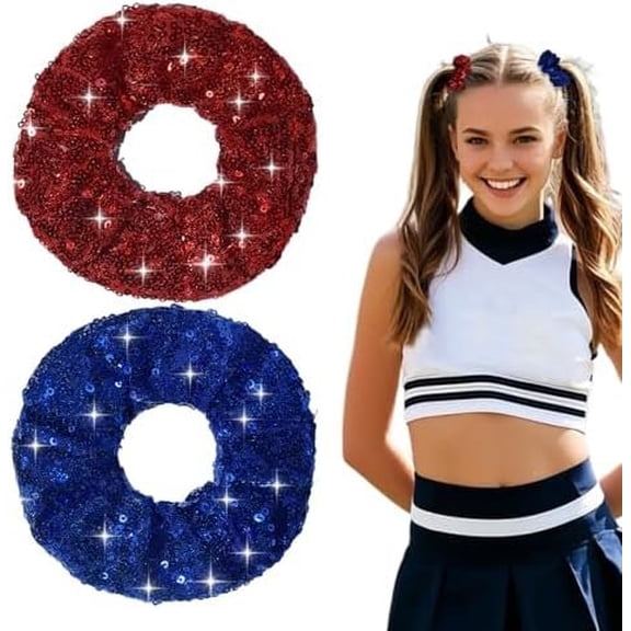 Scrunchies 4th of July Accessories for Women Girls Sparkly Sequins Hair Ties Fourth of July Hair Accessories for Braids Ponytail Independence Day Outfit Bling Red Blue Rhinestone Scrunchie 2 count