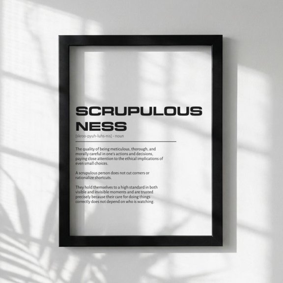 Scrupulousness Definition Wall Art, Clean Integrity & Precision Print, Minimalist Character Poster, Modern Home Gallery Decor, White, Poster Only