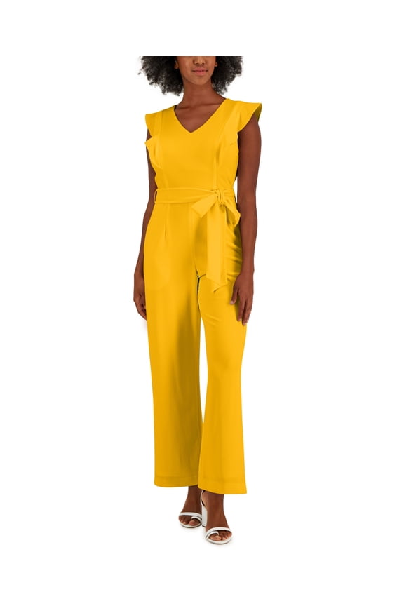 Scuba Crepe V-Neck Flutter-Sleeve Belted Jumpsuit Kasper Gold 2XL
