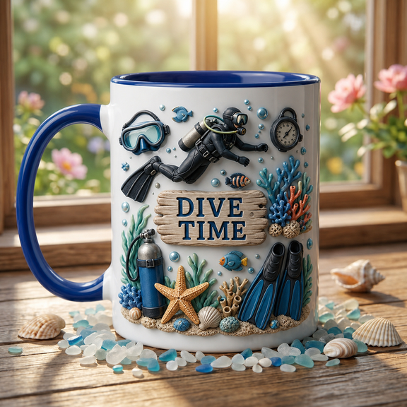 Scuba Diver Deep Blue Rim Handle Coffee Mug Ocean Gift