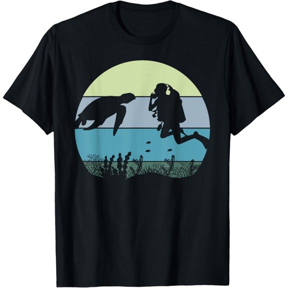 Scuba Diver Diving and Sea Turtle In The Blue Pacific Ocean T-Shirt