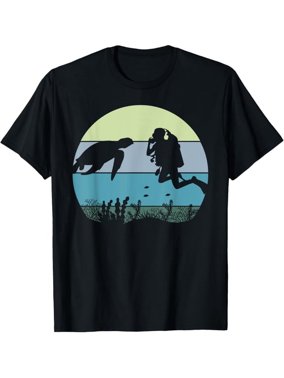 Scuba Diver Diving and Sea Turtle In The Blue Pacific Ocean T-Shirt