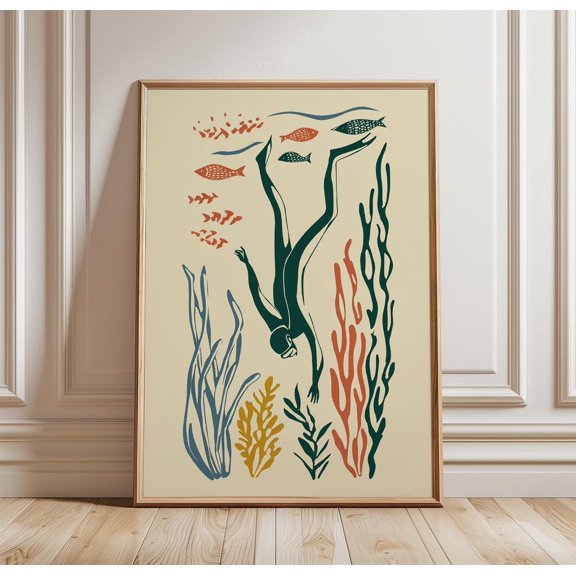 Scuba Diver Poster Minimal Ocean Art Abstract Underwater Wall Print
