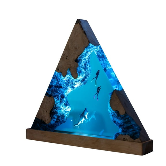 Scuba Diver Resin Wood Lamp Ocean, Shark Art Resin Lamp, Custom Handmade Resin Night Light, Epoxy Lamp, Personalized Gifts, Gift For Him