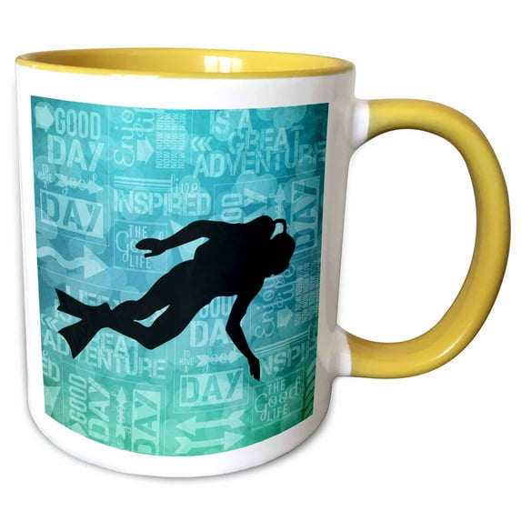 3drose, Scuba Diver Silhouette in Blue Bubbles with Adventure Word Art, 15oz Two-tone Yellow Mug