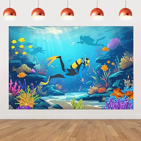Scuba Diving Decorations, Scuba Diving Photo Backdrop Banner 5 x 3 ft Under The Sea Backdrop Hanging Background Decoration for Underwater World Ocean Birthday Baby Shower Party