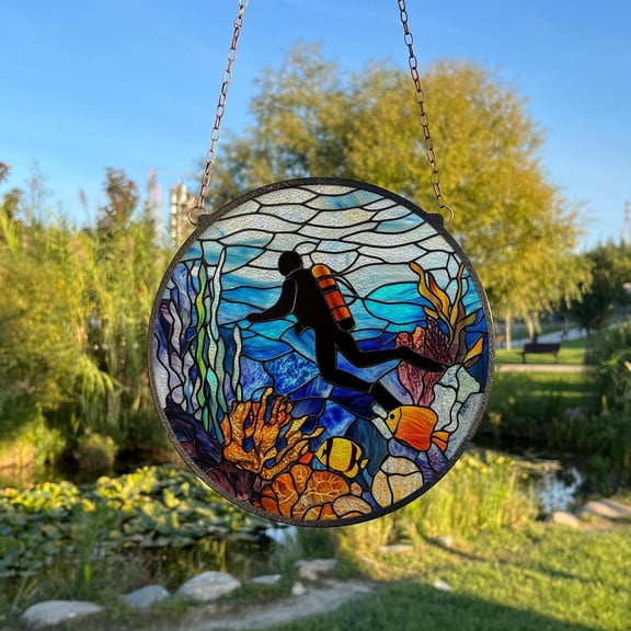 Scuba Diving Glass Suncatcher, Fish Wall Decor Beach House, 3.5 in