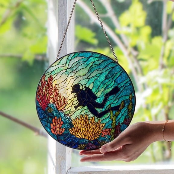 Scuba Diving Glass Suncatcher, Ocean Adventure Diver, Nautical Underwater Art, 3.5 in