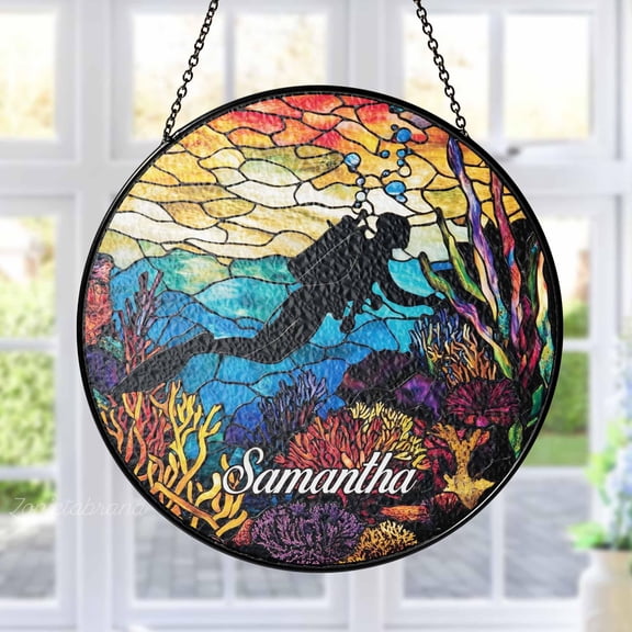 Scuba Diving Stained Glass - Art Panel Decor, Handcrafted Vibrant Colors, Underwater Diver & Coral Reef Scene, Unique Gift for Scuba Divers & Ocean Lovers, Home Office Wall Shelf Display
