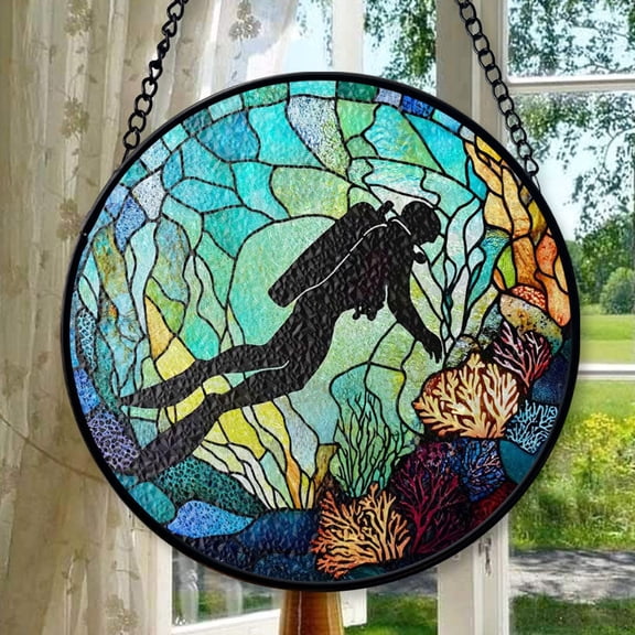 Scuba Diving Stained Glass SunCatcher Scuba Diver Gifts Light Catcher Window Hanging Home Decoration Ocean Coral Lover Gifts Decor, Stained Glass Ornament 2025, Holiday