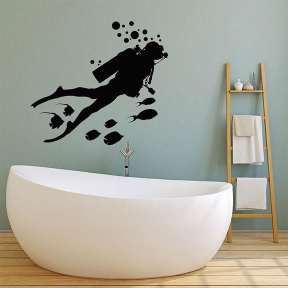 Scuba Diving Wall Decal Diver Fishes Bubbles Underwater Vinyl Stickers Home Decor Bathroom Decals Waterproof Murals 63x57cm