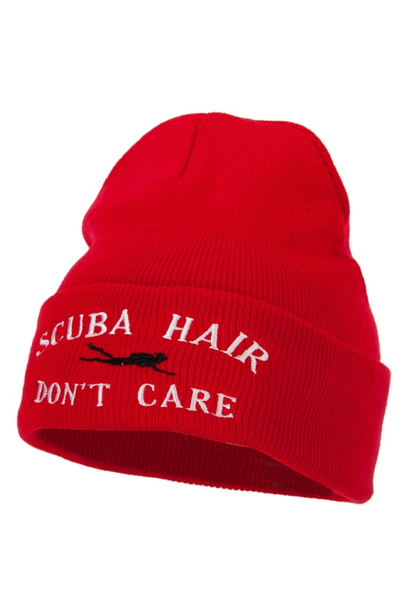 Scuba Hair Don't Care Embroidered 12 Inch Long Knitted Beanie - Red OSFM