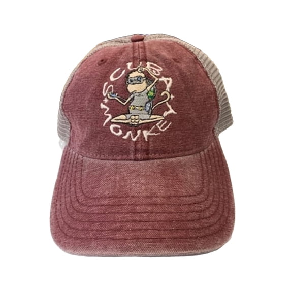 Scuba Monkey Vintage Washed Canvas and soft mesh back with single plastic snap back strap hat for men (Burgundy/Gray)
