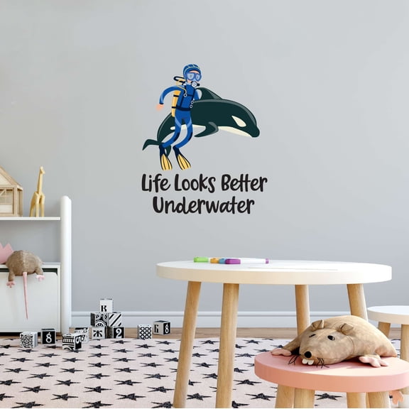 Scuba Riding Jellyfish Stingers Diver Life Looks Better Underwater Bubbles Ocean Shark Sea Great White Trout Bass Boat Dolphin Whale Decorating Wall Decal Sticker - Size: 8 In X 10 In