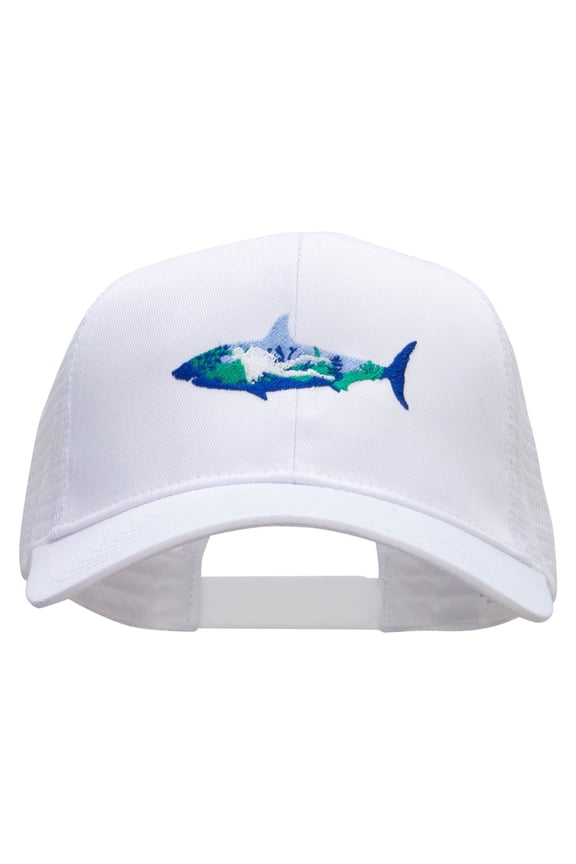 Scuba Shark Embroidered Solid Cotton Twill Mesh Prostyle Cap - White OSFM