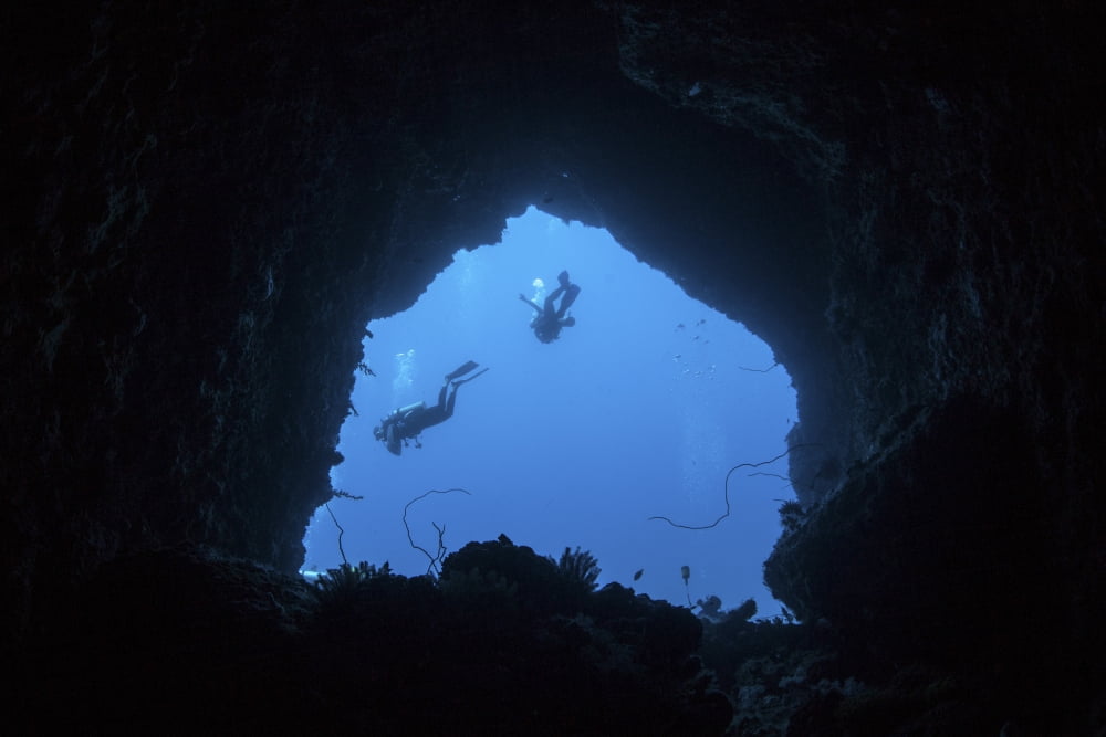 Scuba divers explore a cave near the island of Sulawesi Indonesia Canvas Art - Ethan DanielsStocktrek Images (34 x 23)