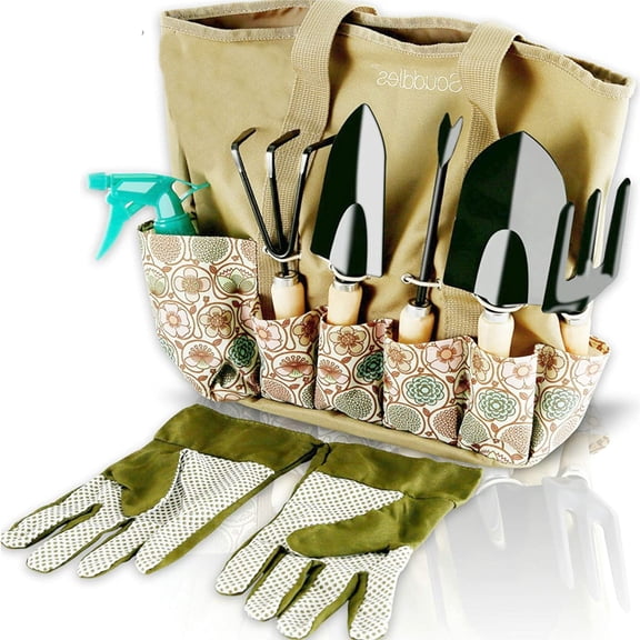 Scuddles Garden Tools Set - 8 Piece Heavy Duty Gardening Kit with Storage Organizer, Ergonomic Hand Digging Weeder Rake Shovel Trowel Sprayer Gloves Gift for Men Or Women