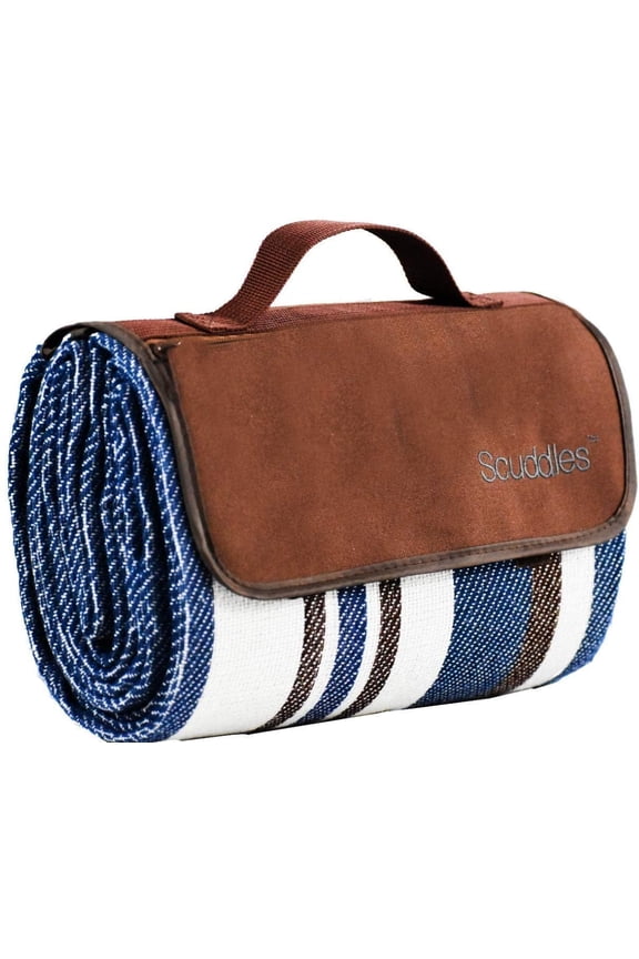 Large Picnic and Outdoor Blanket Dual Layers For Outdoor Water-Resistant Handy Mat Tote Spring Summer Blue and White Striped Great for the Beach, Camping on Grass Waterproof Sandproof