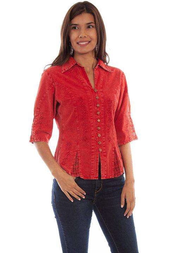 Scully PSL-064-BRI-L Women 0.75 Sleeve Peruvian Cotton Blouse, Brick - Large