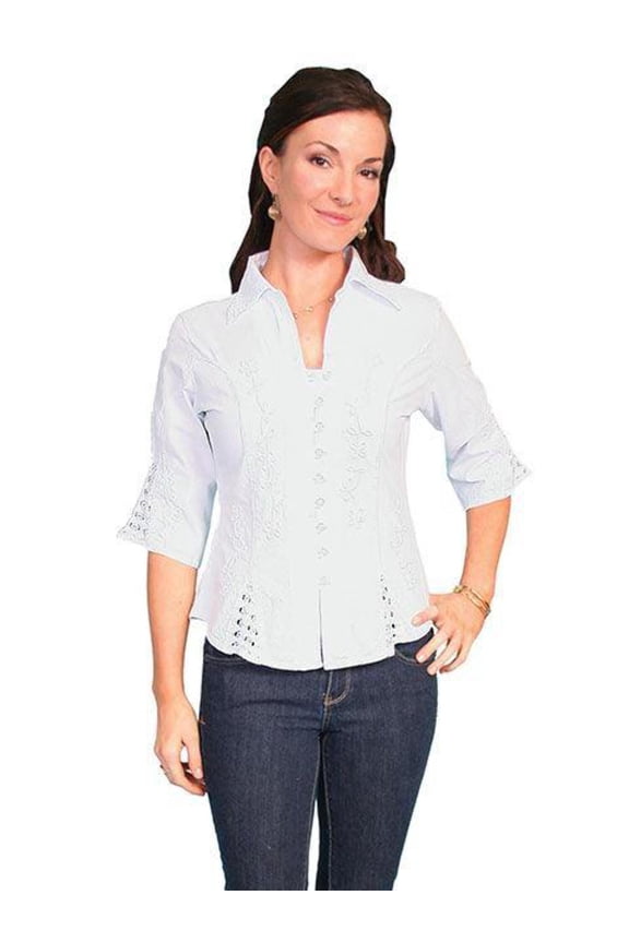 Scully PSL-064-WHT-M Women 0.75 Sleeve Peruvian Cotton Blouse, White - Medium