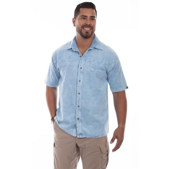 Scully 5202 SBD L Tone-On-Tone Embroidered Mens Short-Sleeved Shirt, Distressed Sky Blue - Large