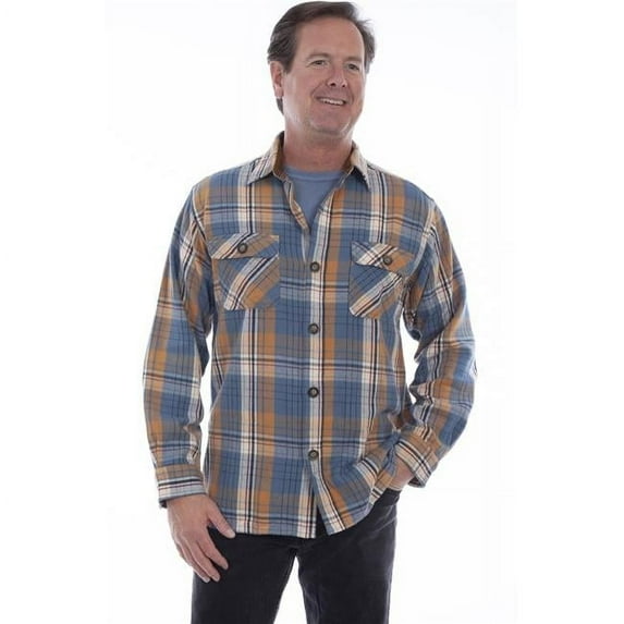 Scully 5292-BLU LG Elbow Patch Flannel Plaid Shirt for Mens, Blue - Large