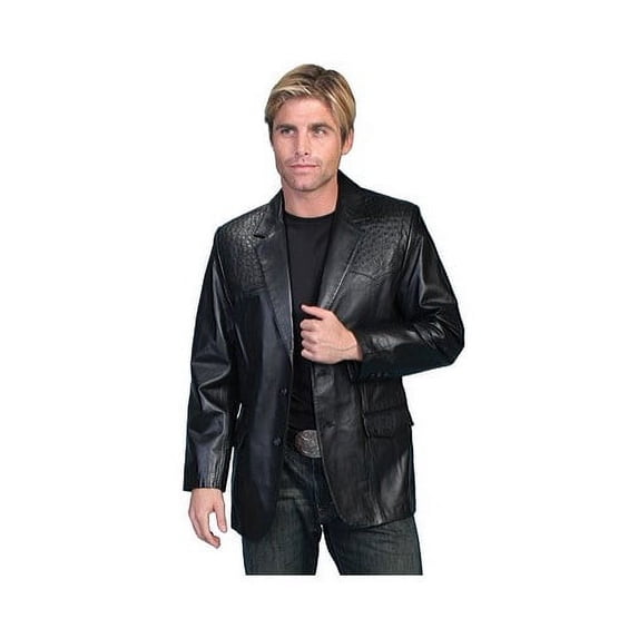Scully 650-175-52L-B-L Mens Leather Wear Lambskin Blazer with Genuine Ostrich Trim, Black Lamb W-Black Ostrich Trim, Size 52L-B-L