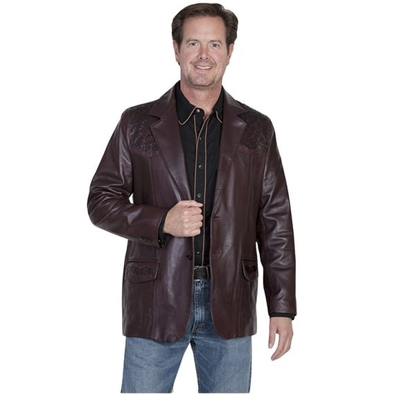 Scully 650-179-40 Mens Leather Wear Lambskin Blazer with Genuine Ostrich Trim- Black Cherry- Size 40