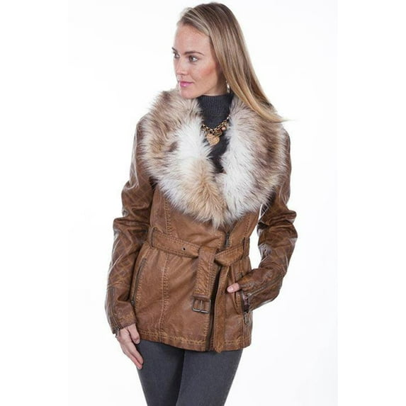 Scully 8029 BRN M Womens Jacket with Luxurious Faux Fur Collar, Brown - Medium