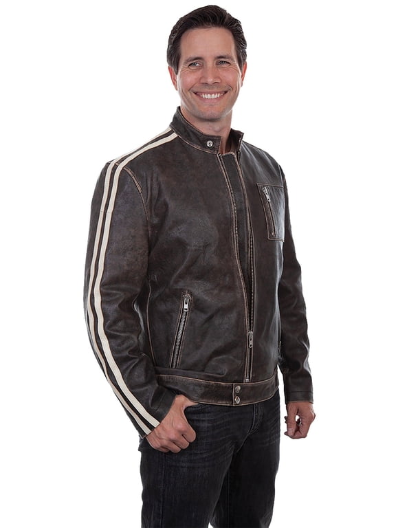 Mens Sanded Cafe Racer Two Stripe Motorcycle Jacket Charcoal XL