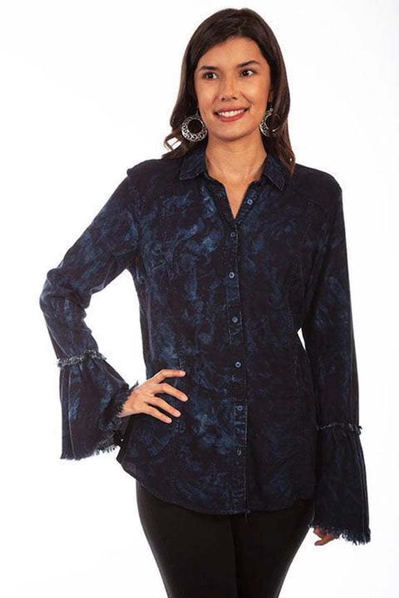 Scully HC654-BBL-M Women Washed Tie Die Blouse with Ruffle Sleevees, Black & Blue - Medium