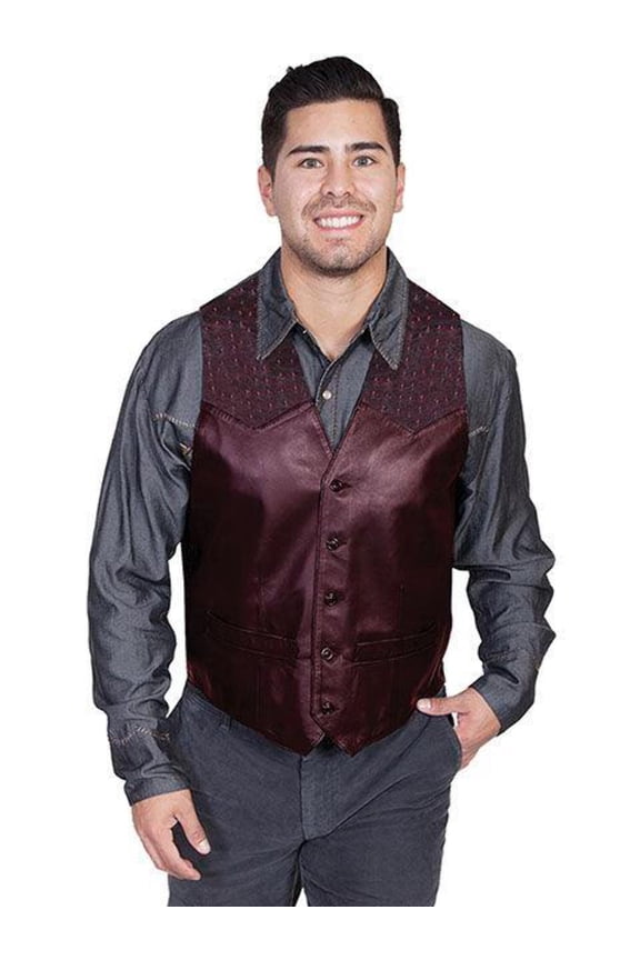 Scully 607-179-42 Men Ostrich Trim Vest, Black Cherry - 42
