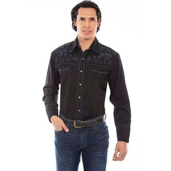 Scully P-893-BLK-XL Midnight Bloom Embroidered Mens Western Shirt, Black - Extra Large