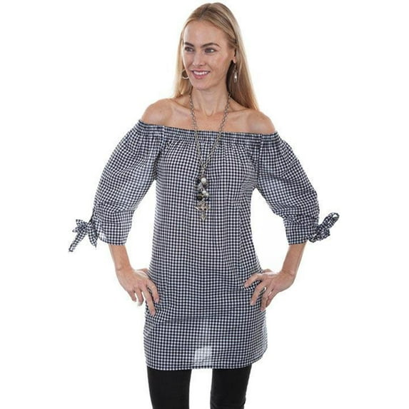 Scully HC351-BLW-L Women Gingham Blouse with Corset Tie, Black & White - Large
