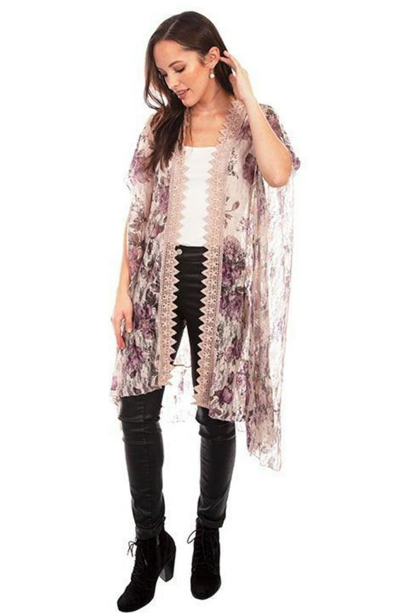 Scully HC669-CAF-M Women Printed Lace Crochet Trim Duster, Cafe - Medium