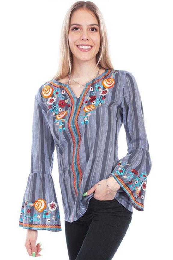 Scully HC725-CHA-M Women Yarn & Die Stripe Blouse with Embroidery, Charcoal - Medium