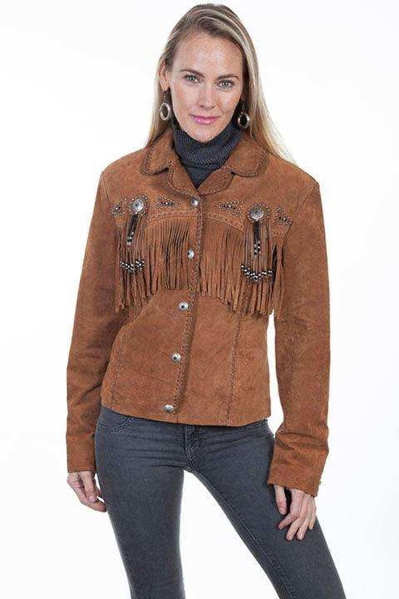 Scully Women's Beaded Fringe Boar Suede Jacket Brown Medium