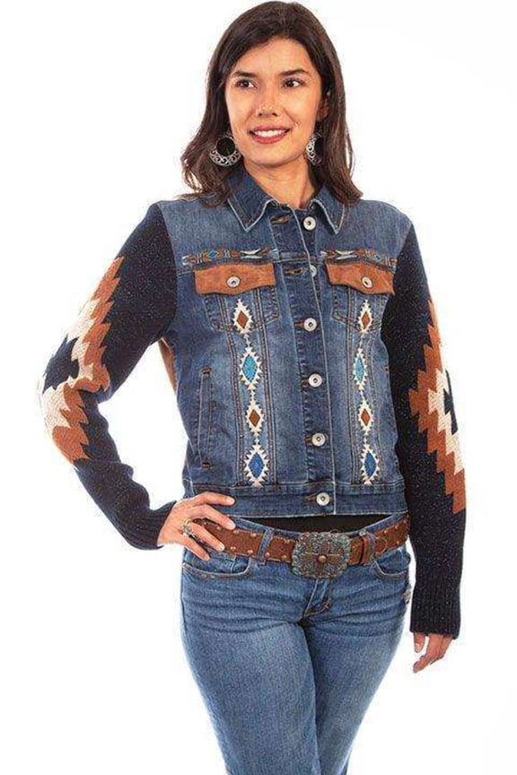 Scully HC639-DEN-B-3X Women Aztec Embroidered Sweater Sleeve Jacket, Denim - 3XL