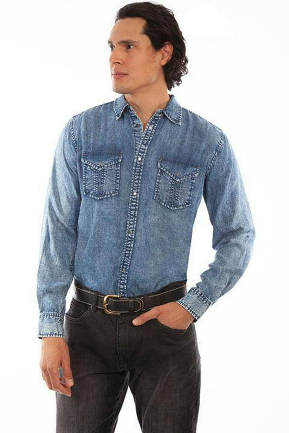 Scully PS-285-DEN-S Western Shirt Mens Long Sleeve Snap Solid Tencel, Denim - Small