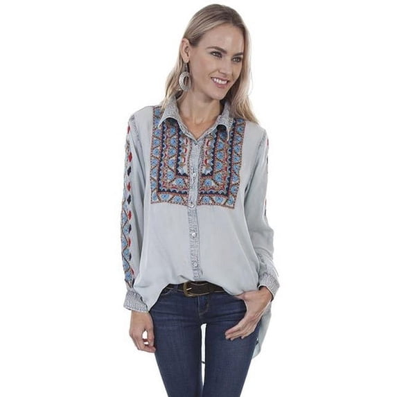 Scully HC331 LBL L Womens Button Front Embroidered Tunic, Light Blue - Large