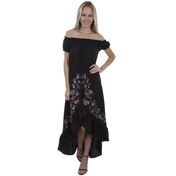 Scully HC458-BLK-M Ruffle Front Embroidered Maxi Dress, Black - Medium