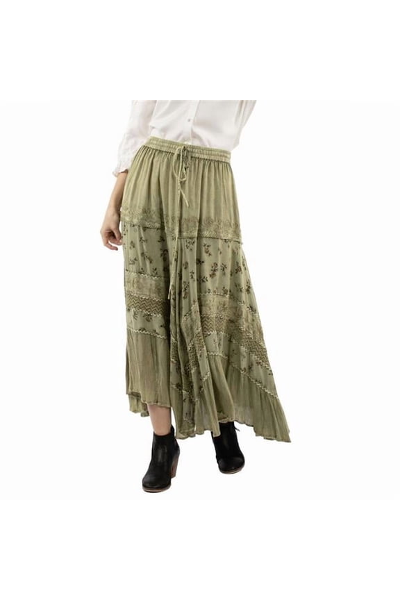 Scully HC958-OLI-M Western Skirt Womens Rose Print Rayon Long Length, Olive - Medium