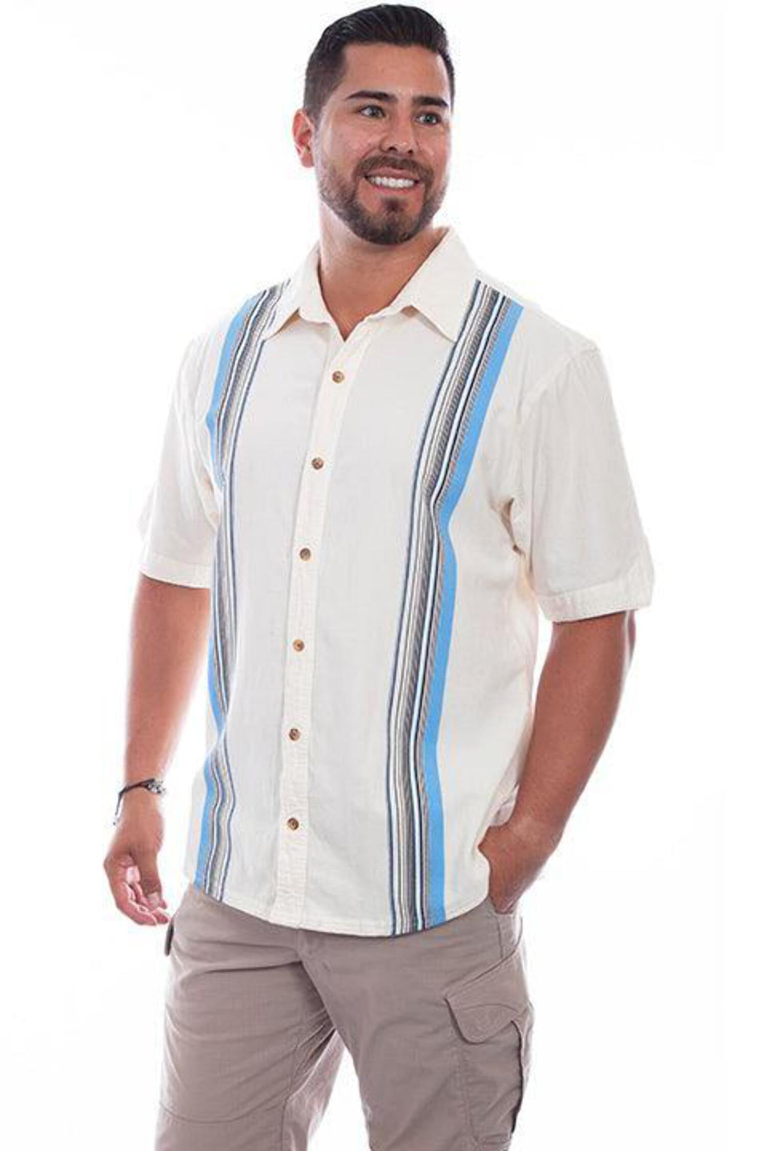 Scully 5233-IVD-B-2XB Men Daytona Double Stripe Shirt, Ivory