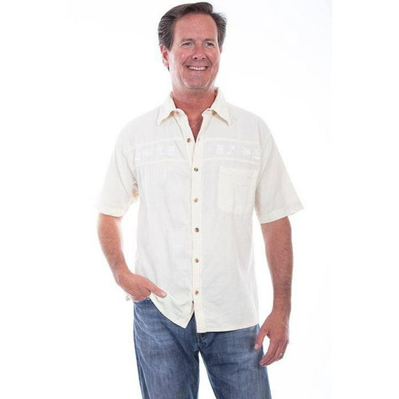 Scully IVORY DISTRESSED LONGBOAT KEY EMBROIDERED SHIRT
