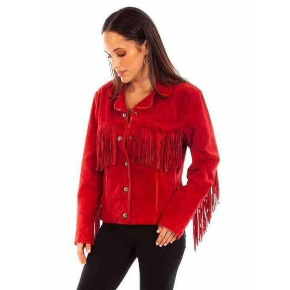 Scully Womens Suede Jacket with Fringe & Lacing, Red - Extra Large