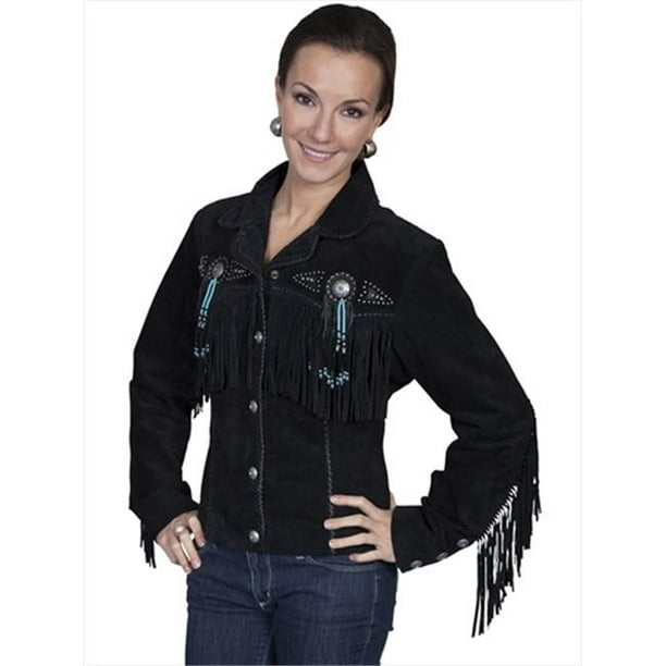 Scully L152 Ladies Fringe & Beaded Leather Jacket - Black Boar Suede