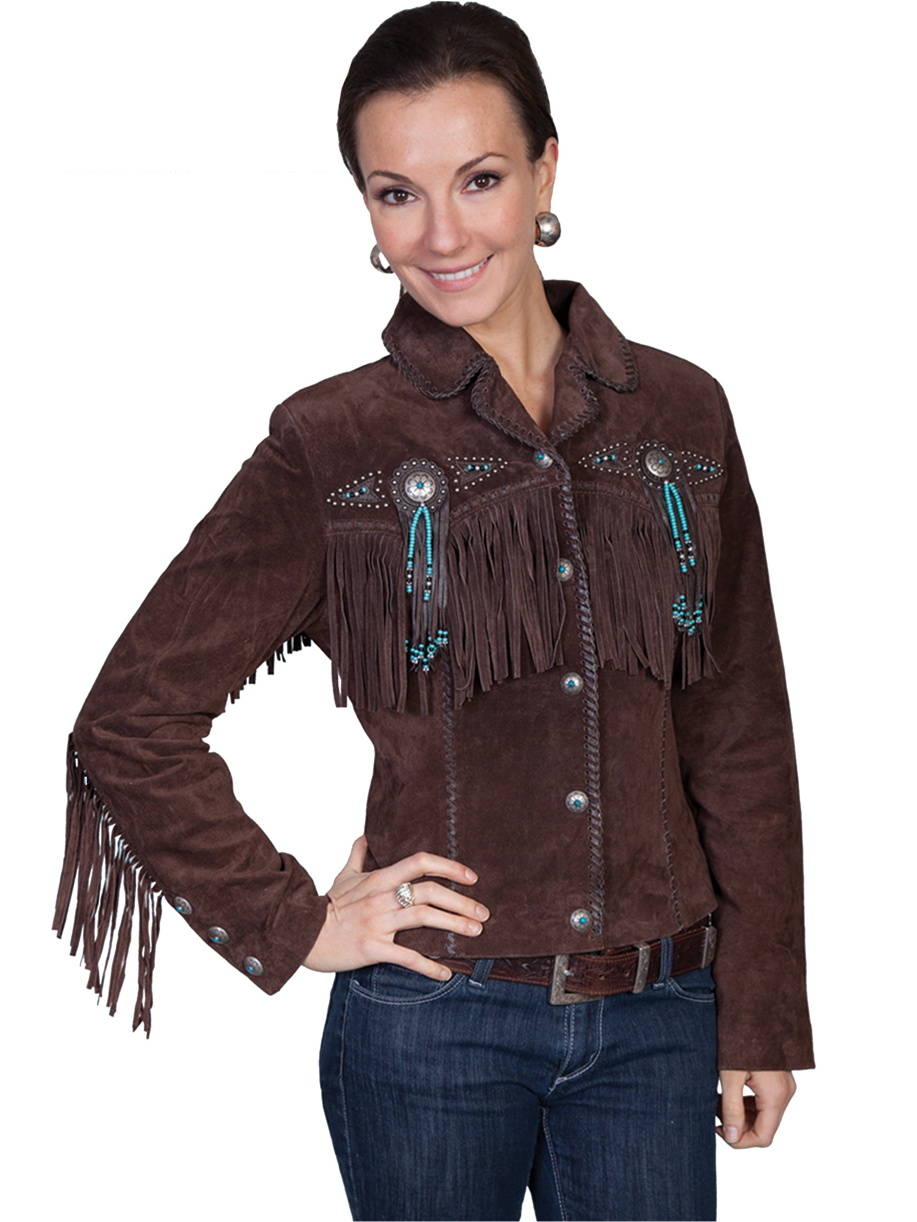 Scully Ladies Fringe & Beaded Leather Jacket - Chocolate- XXL - Walmart.com