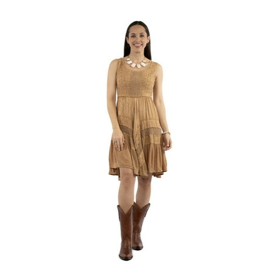 Scully HC1000-BEI-S Women Short Flowy Embroidered Western Dress, Beige - Small