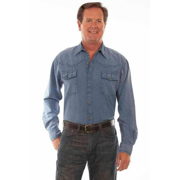 Scully Leather 100% Cotton Lt Washed Denim Men's Western Yoke/2 Pocket Shirt